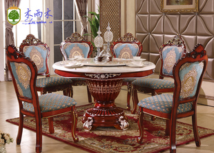 欧式餐桌椅组合实木大理石桌椅圆形圆台餐桌6 8餐桌椅组合包邮