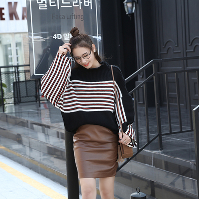 实拍2016秋装新款韩版条纹拼色长袖毛衣女套头半高领短款打底上衣