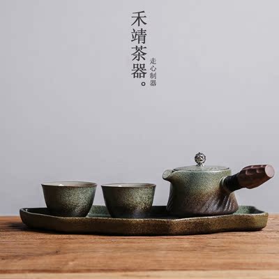 日式便携旅行功夫茶具套装粗陶瓷快客杯一壶二杯侧把个人泡盘家用