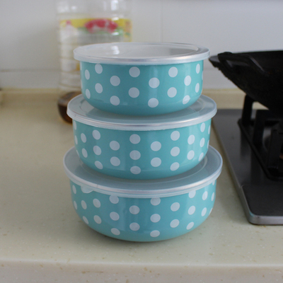 韩式可爱圆点搪瓷碗带盖保鲜碗加厚密封碗沙拉碗菜碗三件套冰碗