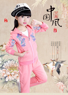 女童秋装套装2016秋女童卫衣三件套韩版中大童刺绣套装纯棉三件套