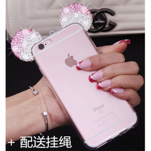 韩国镶钻米老鼠耳朵iPhone6s手机壳透明简约苹果6plus保护套挂绳7
