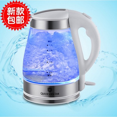 QUEENSENSE品牌厂家直销 LED蓝光 1.7L控温玻璃电热水壶 烧水壶