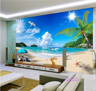 3D地中海墙纸 客厅沙发卧室餐厅电视背景墙壁纸 5D大型壁画沙滩