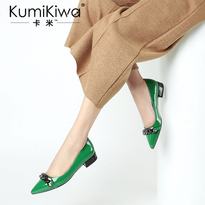 KumiKiwa2017春季新款漆皮浅口低跟单鞋女粗跟亮皮绿色中跟女鞋潮