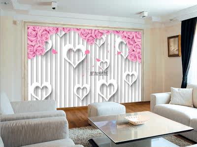 简约3D立体浪漫爱心玫瑰竖条纹电视背景墙壁纸客厅卧室婚房墙布