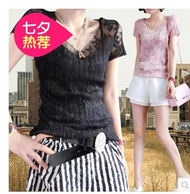 2016夏装新款韩版两件套镂空蕾丝短袖T恤女上衣修身时尚V领打底衫