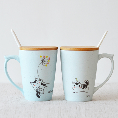 可爱猫咪陶瓷杯定制情侣杯子一对创意马克杯套装牛奶杯咖啡杯