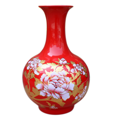 景德镇陶瓷器红花瓶摆件 现代时尚客厅家居装饰品创意风水瓷摆设