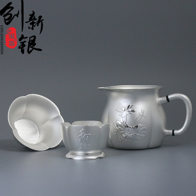 创新 纯银999公道杯纯银茶壶纯银茶漏茶具三件套磨砂纯银茶漏茶具