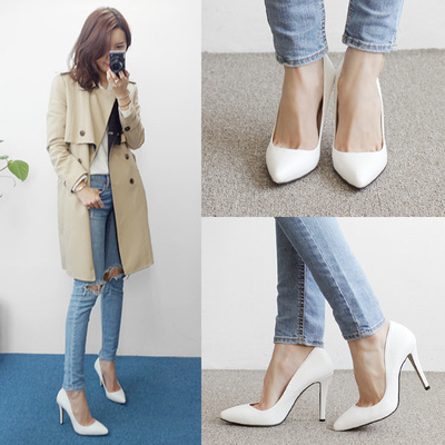 2016秋季新款韩版女鞋白色蛇纹尖头高跟鞋细跟OL职业浅口黑色单鞋