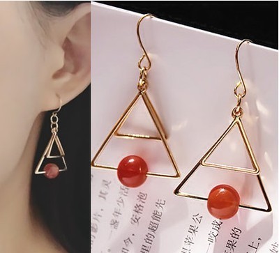 买2送1韩国百搭三角形红珍珠长款耳勾耳钉耳饰品韩版时尚个性耳环