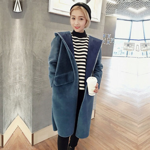 2016秋冬韩版女装反季毛呢外套长袖学生皮毛一体连帽长款蓝大衣