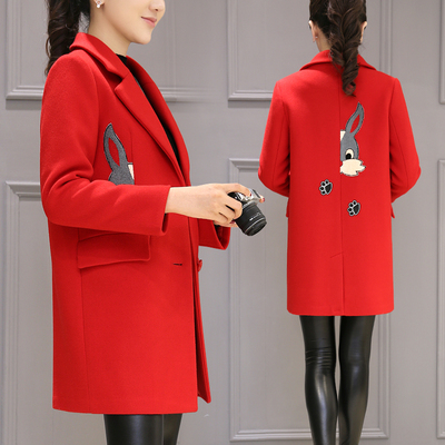 2016秋冬毛呢外套女中长款显瘦修身韩版贴布红色羊毛呢子大衣加厚