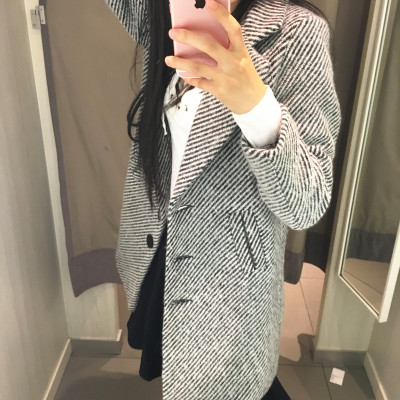 2016冬装新款条纹修身显瘦长袖毛呢外套女中长款韩版茧型呢子大衣