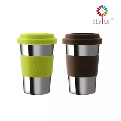 Stylor花色优品双层隔热马克杯不锈钢茶杯咖啡杯带盖水杯保温杯