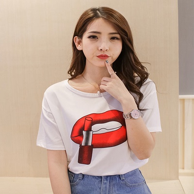 2016夏季韩版纯色学生几何图案印花t恤圆领短袖潮流上衣女打底衫