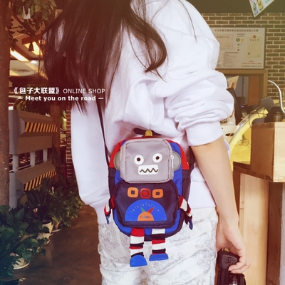 韩国大儿童机器人撞色卡通斜跨包童趣迷你斜挎包单肩手机包卖萌包
