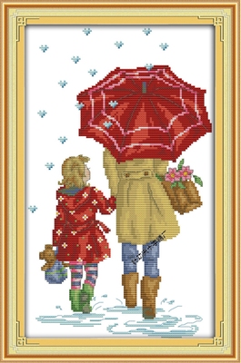 精准印花十字绣伞下母女情雨中漫步小幅卧室母子情深客厅挂画