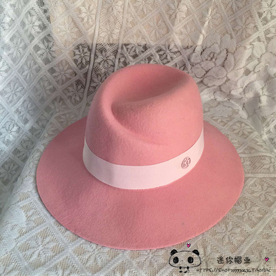 2017年欧美新款粉色异形羊毛尼礼帽双粉字母标爵士帽英伦百搭女帽