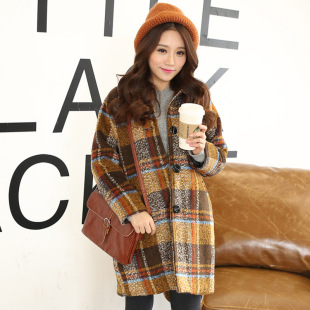 2016秋冬装新款韩版中长款长袖咖啡色格子西装羊毛大衣毛呢外套女