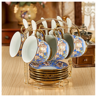 欧式描金咖啡杯套装下午茶陶瓷杯子英式骨瓷红茶杯6杯碟送6勺杯架
