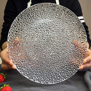 欧式刻花碎纹玻璃盘子 创意家用水果盘透明餐具零食盘 圆形点心碟