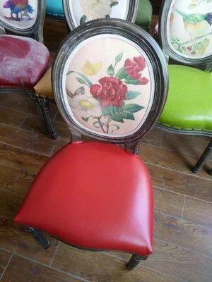 包邮怀旧花朵新款花色印花拼接做旧原木雕花皮革式 复古实木餐椅