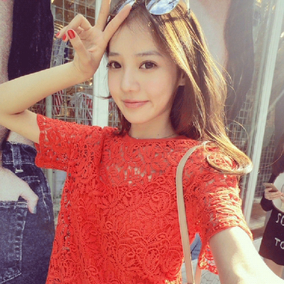 2016夏季韩版女装名媛镂空水溶花上衣宽松短袖两件套蕾丝衫短款潮