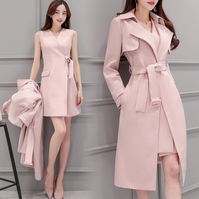 2016新款女装秋装韩版修身中长款风衣外套女名媛套装长款系带大衣