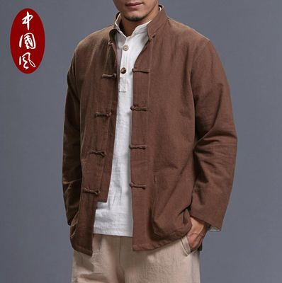 秋季复古中国风盘扣亚麻衬衫男长袖大码宽松立领麻布衬衫男上衣麻