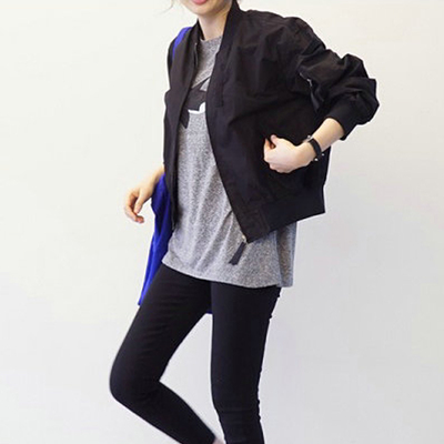 韩国代购2016新款韩版宽松长袖开衫黑色休闲夹克短款外套棒球服女