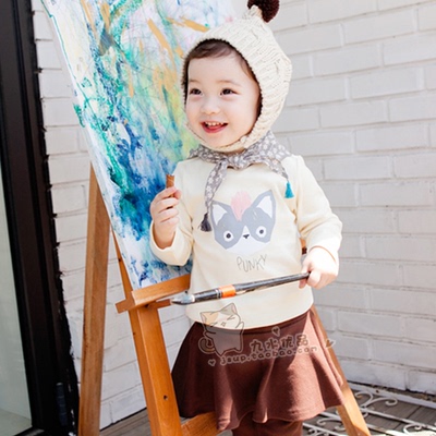 韩国bebezoo 猫咪米色纯棉长袖T恤外出服可爱圆领童上衣