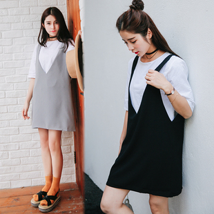 夏季新款韩国学院风无袖背带v领裙纯棉半袖T恤假两件套连衣裙女