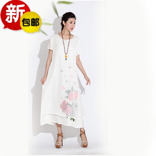 2016夏民族风重工刺绣牡花长连衣裙罩纱棉麻复古中国风短袖女装