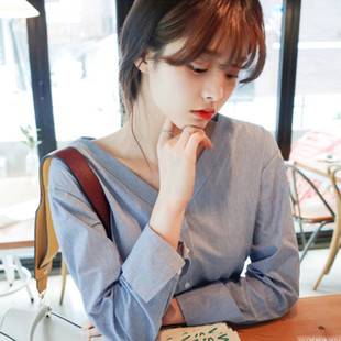 2016秋季新款韩版甜美气质单排扣V领条纹衬衫女长袖显瘦学生衬衣