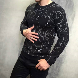 2016秋冬新款猫猫图案长袖毛衣休闲男士修身套头羊毛针织上衣衫潮