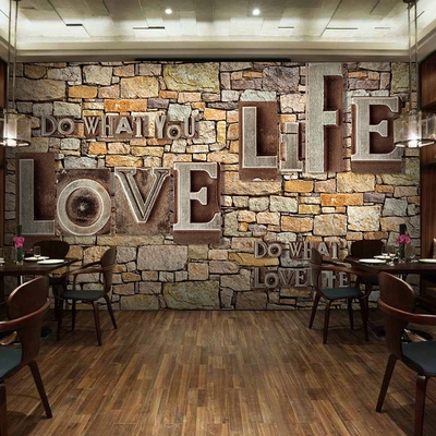 3D立体砖纹网吧壁画咖啡厅怀旧文化墙餐厅休闲背景墙纸壁纸奶茶店