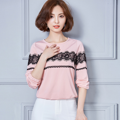 品牌秋季新品女装 韩版棉质蕾丝拼接宽松大码长袖T恤打底衫女上衣