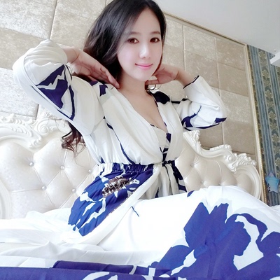 2016秋季新款高端定制刘美人真丝长款睡袍吊带两件套睡衣女家居服