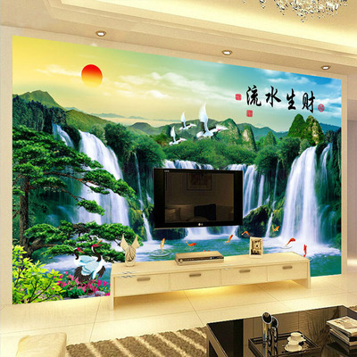 自然山水3D5D瀑布流水生财客厅电视影视墙背景墙壁壁布风水壁画