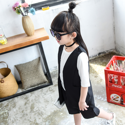 儿童韩版马甲女童休闲套装三件套纯棉短袖T恤阔腿裤宝宝长款马甲
