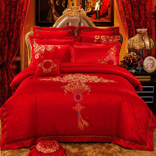 婚庆四件套大红色结婚六件套纯棉蕾丝八十多件套床上用品