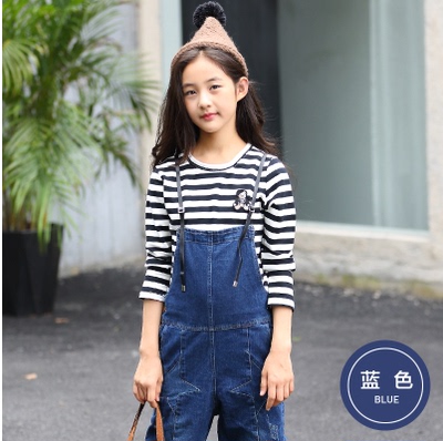 韩版14岁青少年女生13牛仔背带裤T恤12套装11女大童10秋装两件套