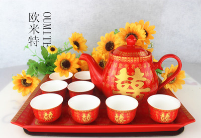 骨瓷婚庆敬茶杯套装喜碗对杯红色结婚送礼用品喜庆茶壶带茶盘茶具