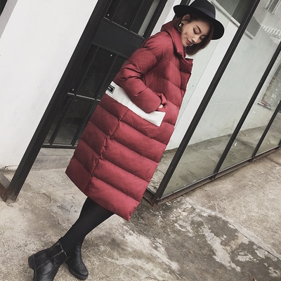 2016冬装韩版直筒酒红色中长款羽绒棉衣女 字母印花茧型拼接棉服