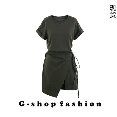 Ayuko 修身显瘦圆领A型系带高腰设计中长款短袖连衣裙女夏