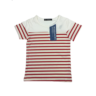 男童短袖T恤 2016夏装新款圆领假纽扣红白条纹男童T恤
