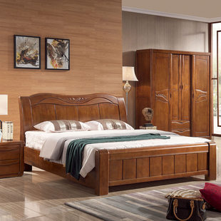 现代实木床 橡木中式床高箱储物床 卧室1.5米单人1.8米双人床婚床