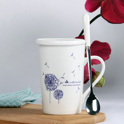 蒲公英创意陶瓷情侣水杯带盖勺茶杯牛奶杯星巴克简约可爱马克杯子